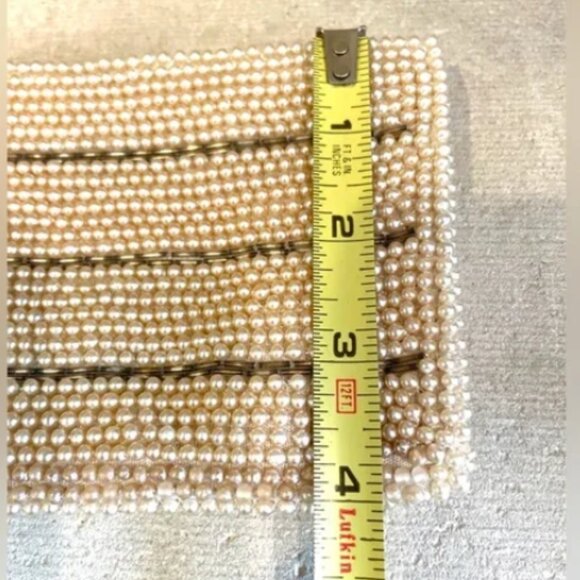Vintage 1950s beaded faux pearl purse clutch with silver stripes and zipper - Picture 14 of 15